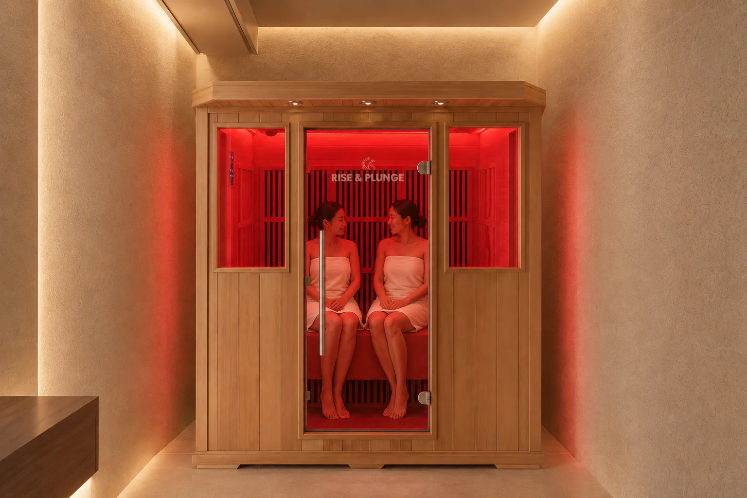 Two members sharing a restorative infrared sauna session