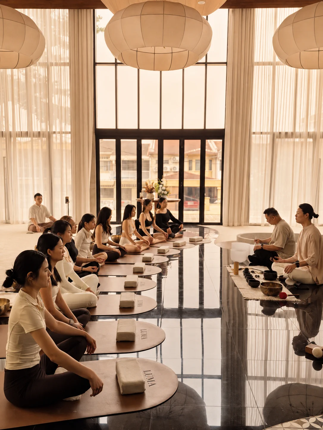 A community sound meditation gathering in the grand wellness hall