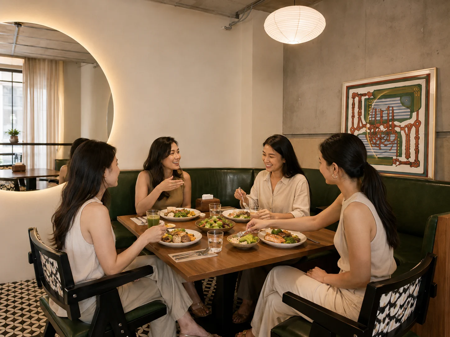 Friends sharing a nourishing meal and conversation at the LUMA cafe
