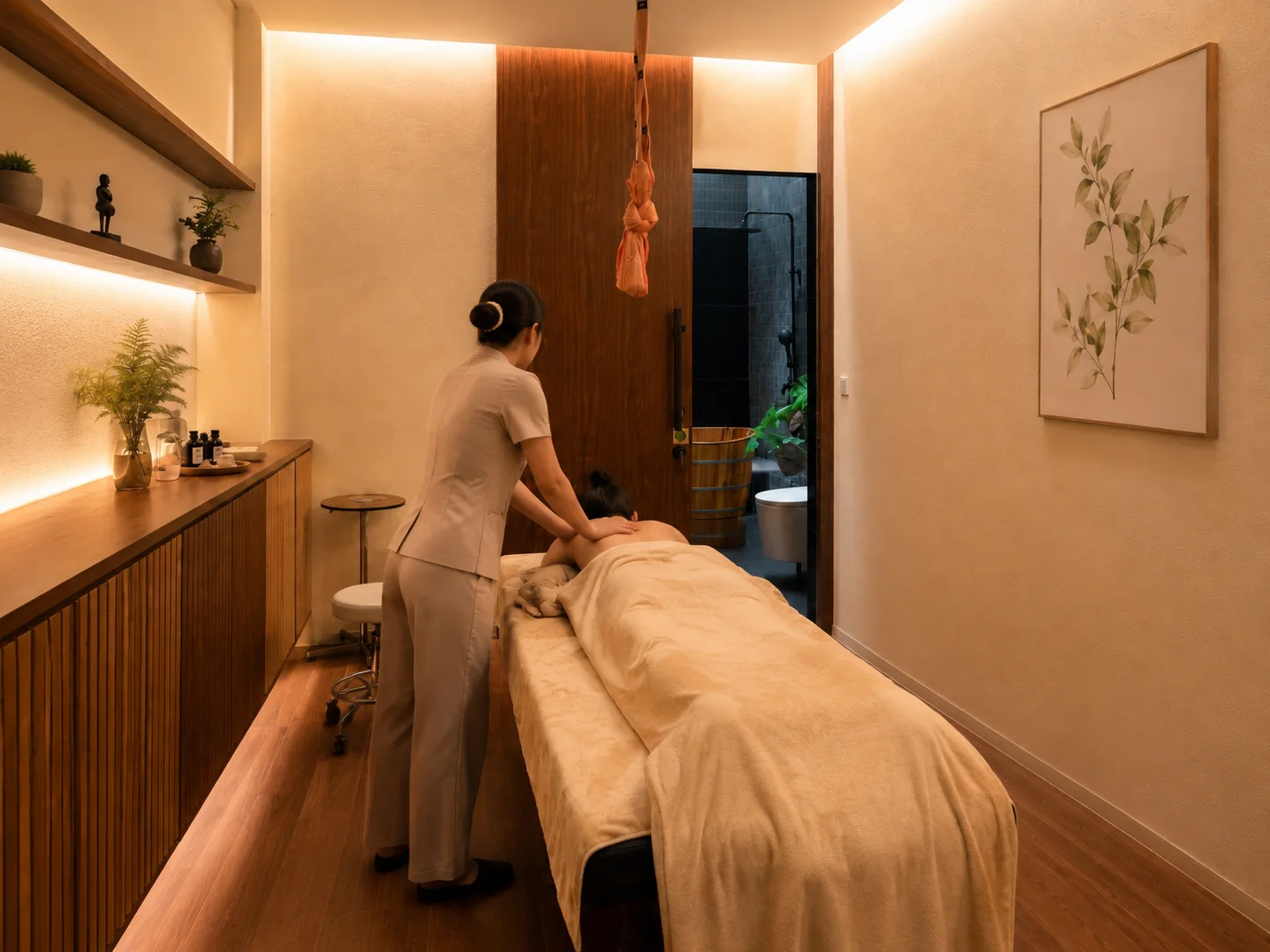 A member receiving a calm and attentive restorative treatment