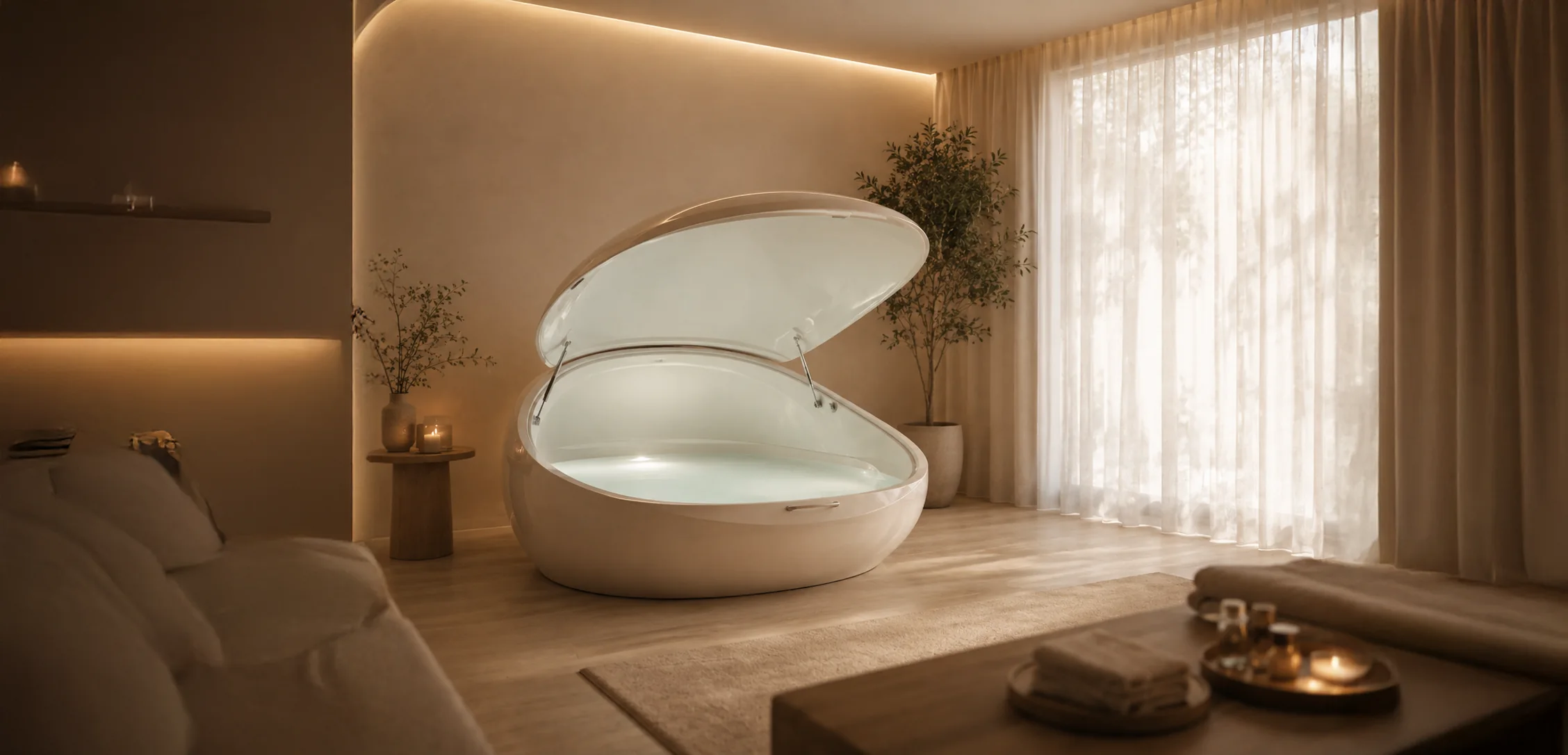A flotation therapy pod in a serene private wellness suite