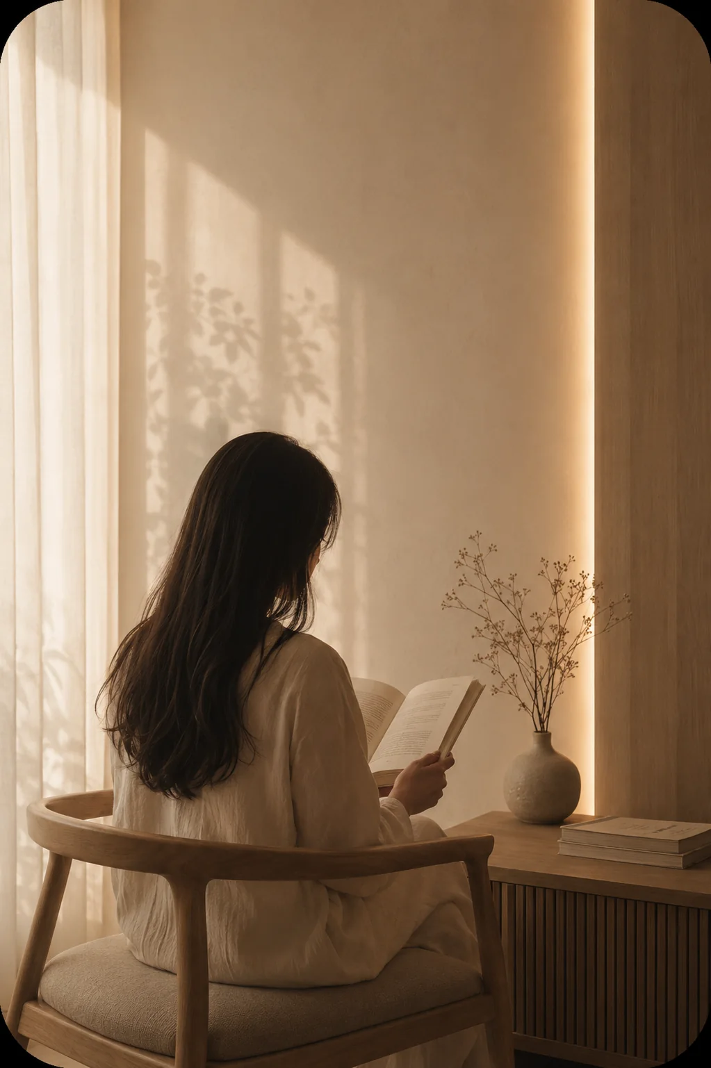 A member pausing beside a softly lit window